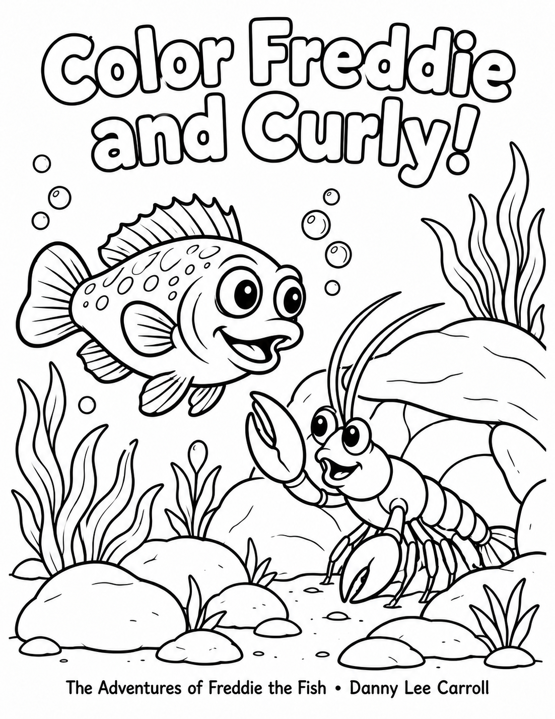 Black and white coloring page showing Freddie swimming beside Curly at his rock shelter