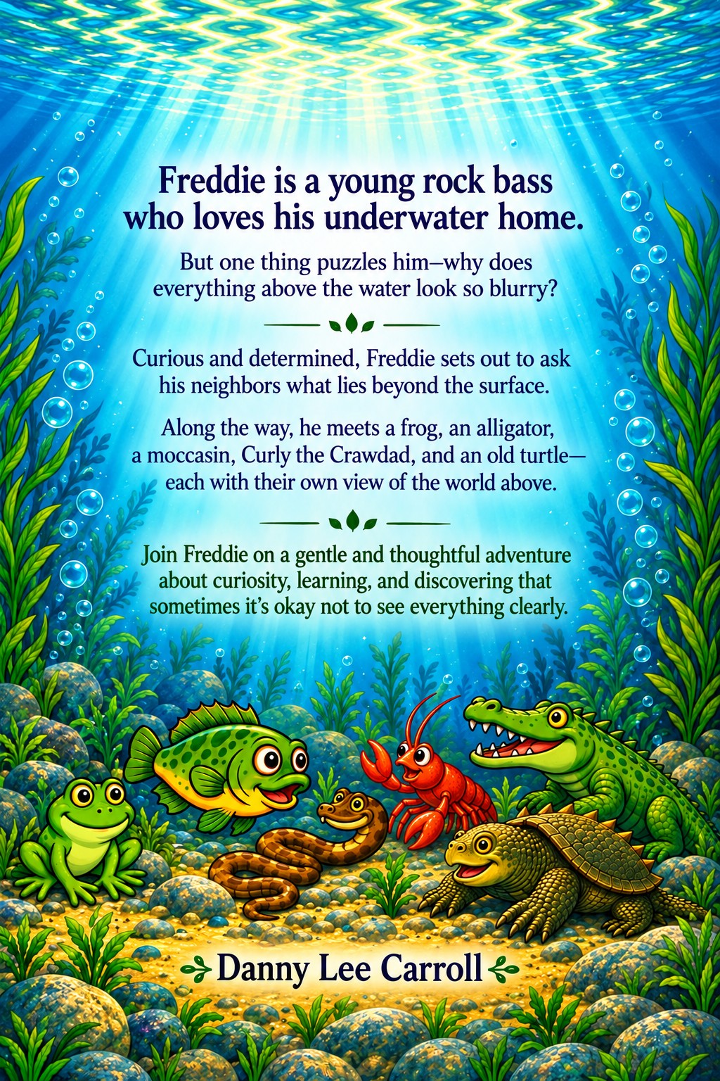 Freddie the green rock bass with his frog, crawdad, alligator, water snake and turtle friends in their colorful lake home.